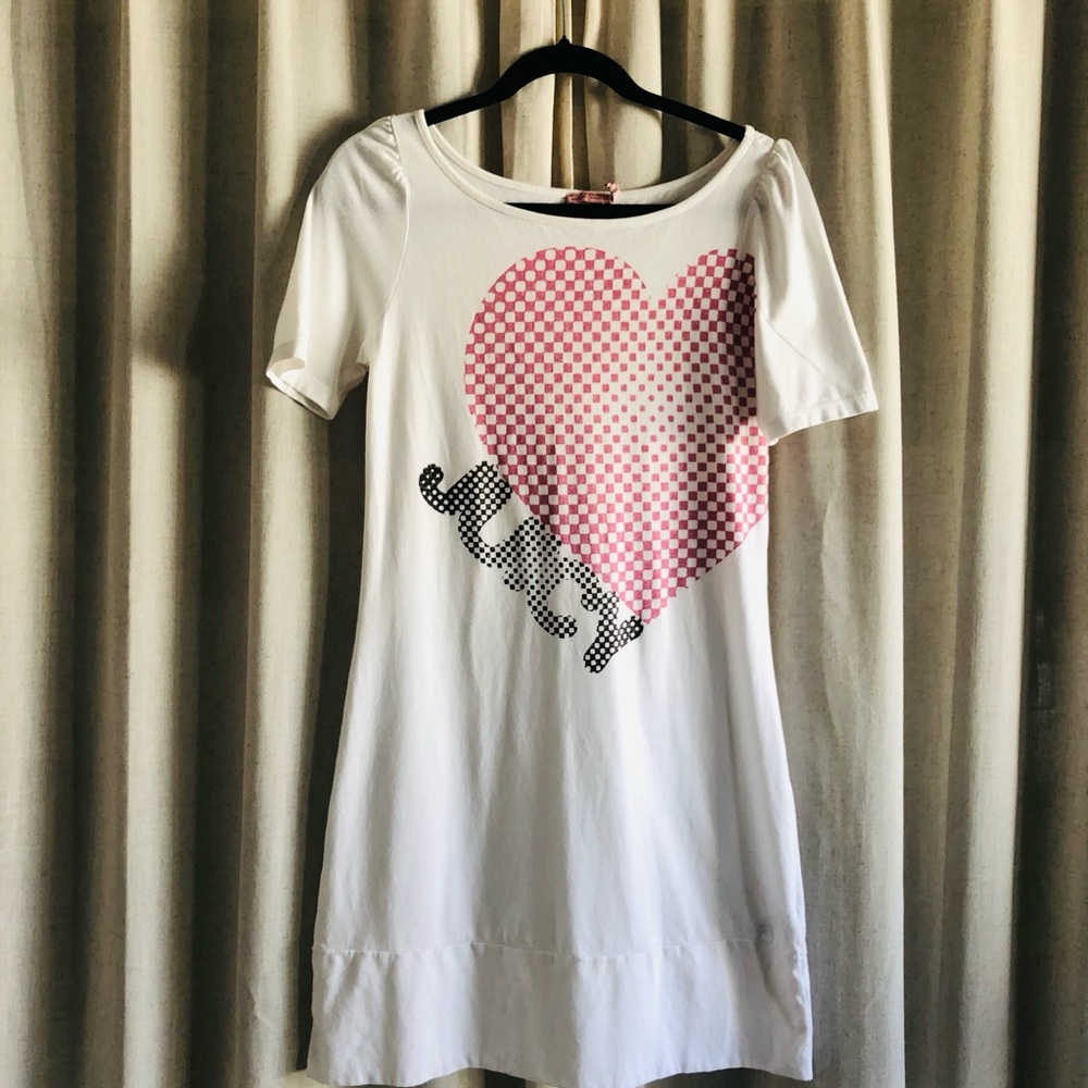 Juicy Couture White & Pink Shirt Dress with Checkered Heart Printed Graphic
